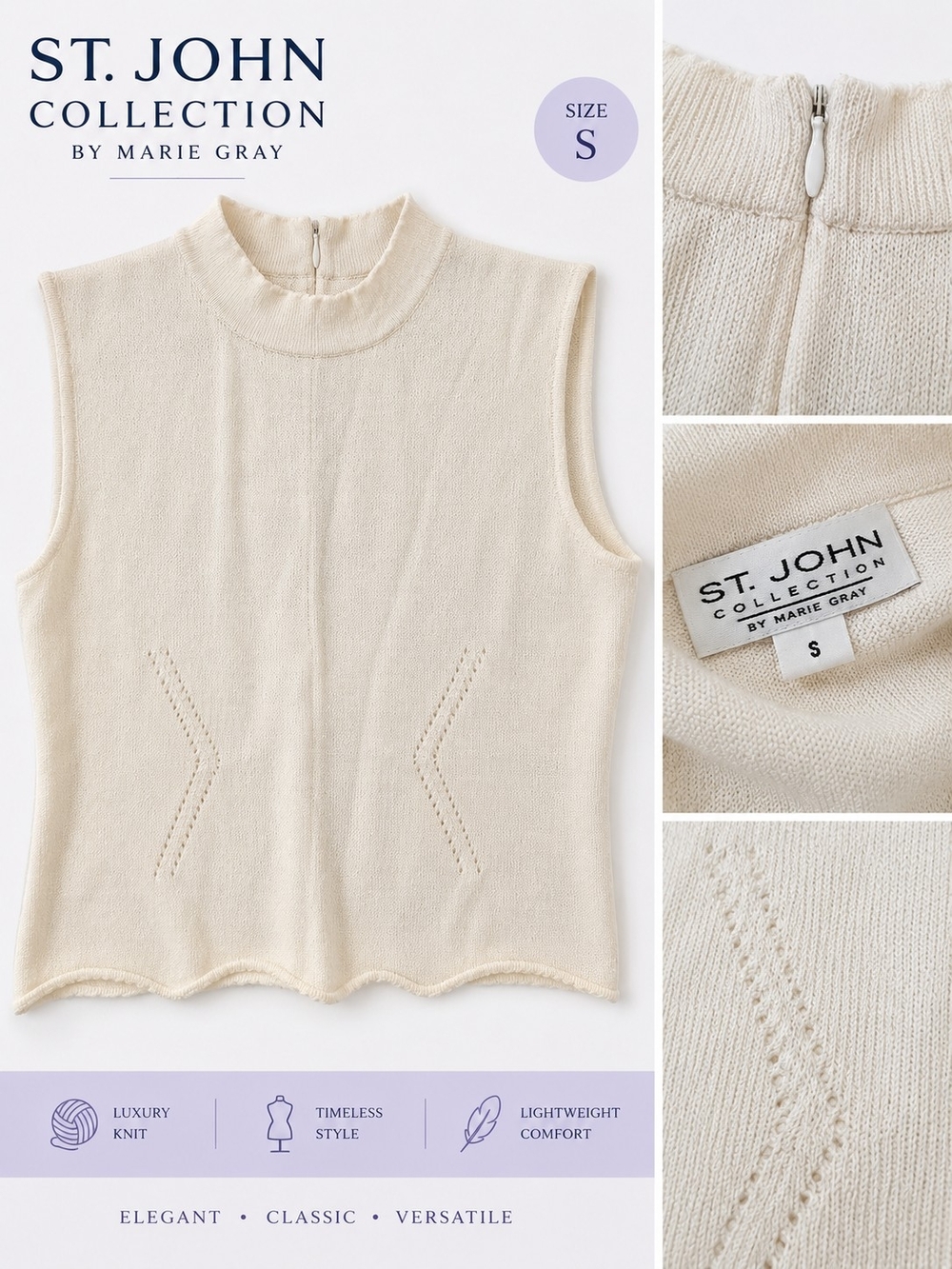 St. John Collection by Marie Gray Ivory Sleeveless Knit Mock Neck Top Size Small